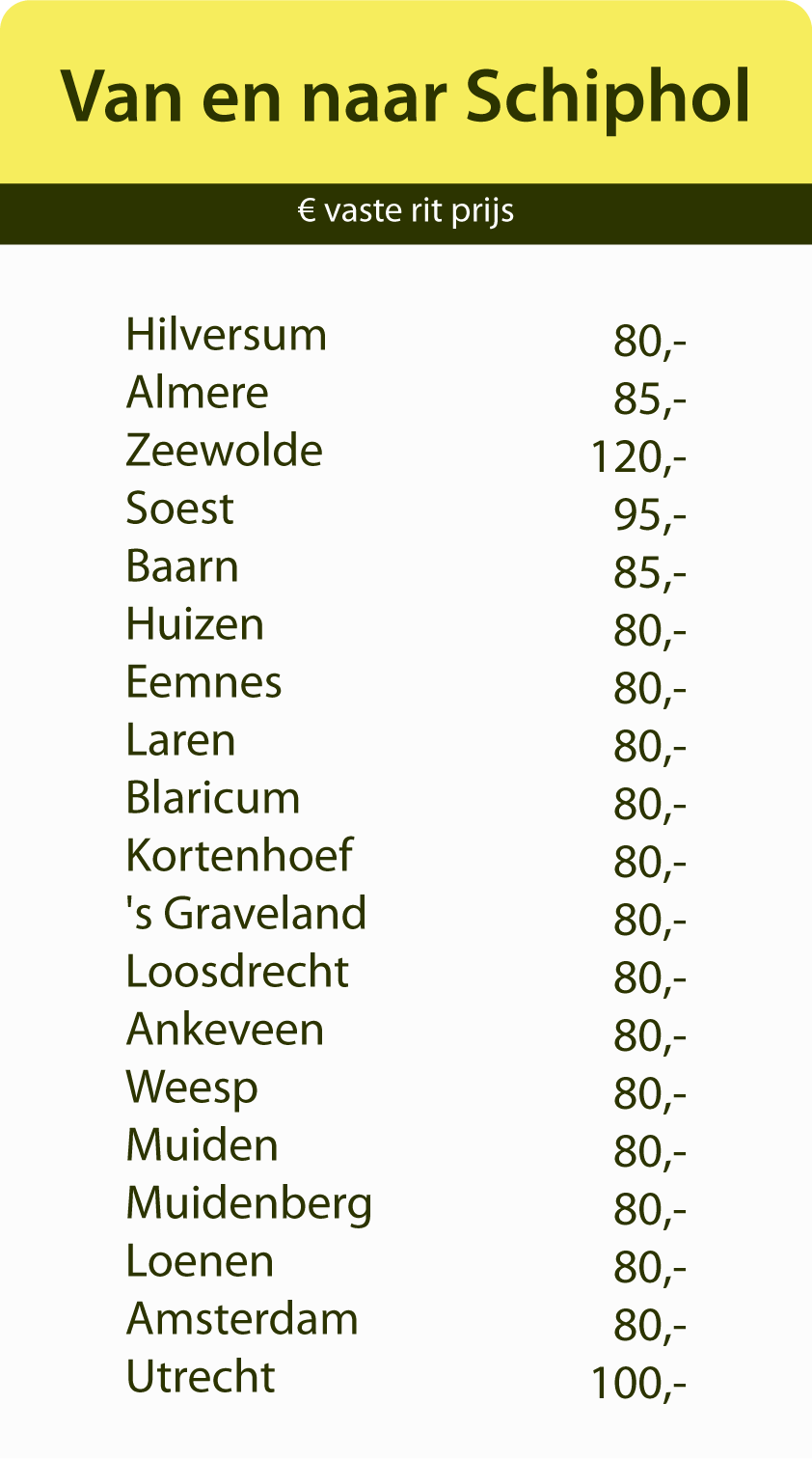 prijslijst van en naar Schiphol